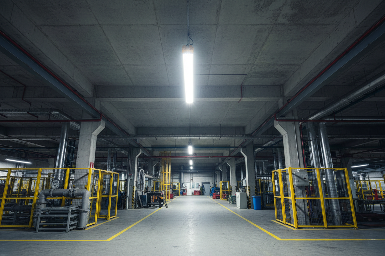 Pantalla estanca ATEX instalada en entorno industrial con señalización amarilla