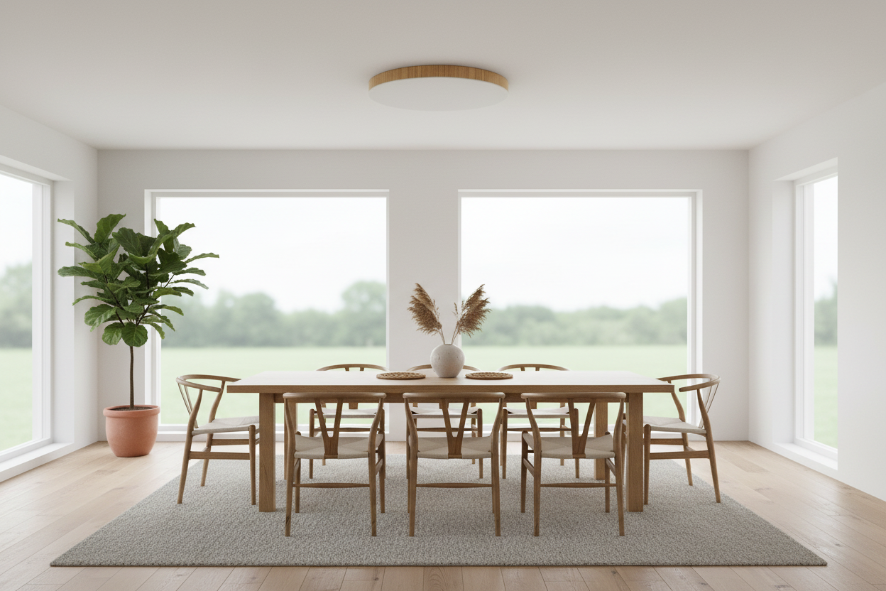 Plafón LED de madera en comedor nórdico