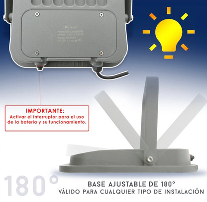 Foco solar LED para exteriores a prueba de agua IP65 puede funcionar normalmente en condiciones de lluvia, aguanieve y nieve, adecuada para su patio, terraza, garaje, estadio, área de juegos abierta y otros lugares.
La batería de litio de 3.2V 20000mAh garantiza un tiempo de carga rápido de 10-12 horas y un tiempo de uso prolongado de 10-12 horas