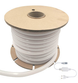 Rollo de 25 mts de neón led circular 360 grados a 220-240v, con un consumo de 8w x mt. Estanco para exterior con un grado IP65. Incluye un cable rectificador y un tapón final. Se puede cortar cada 1 mt. y es regulable.