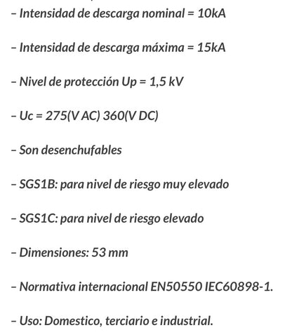 Protector Combinado de Sobretensiones Permanentes + Transitorias 15kA 2P Clase II 10kA con un Poder de Corte de máximo 15kA.
Protección de equipos eléctricos y electrónicos contra las sobretensiones transitorias de origen atmosférico y de maniobra. Protección de cabecera para nivel de riesgo elevado. Interruptor curva C.
Con este sistema se protege la instalación contra pequeños picos producidos por equipos con electrónica de potencia.