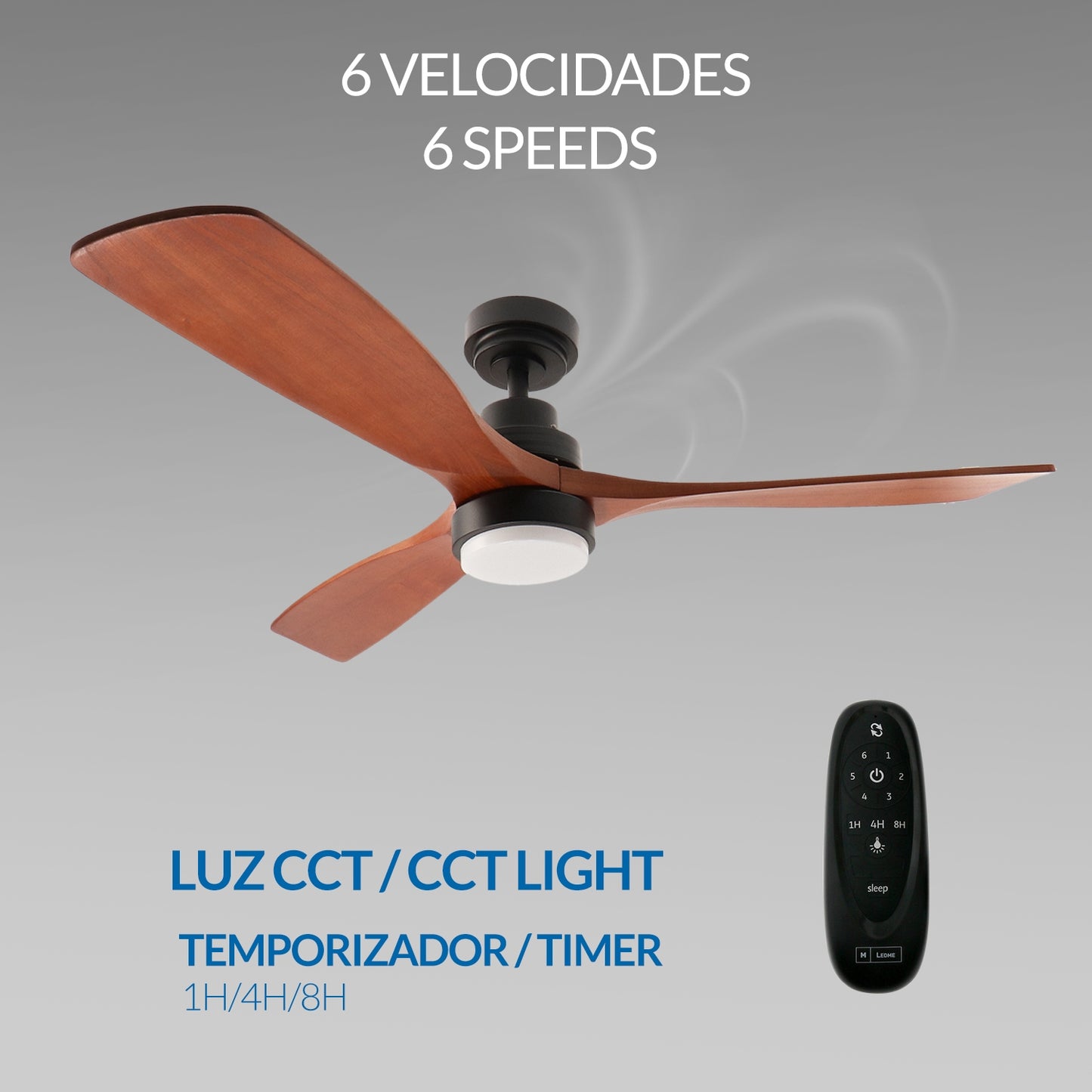 Ventilador techo madera oscura con luz