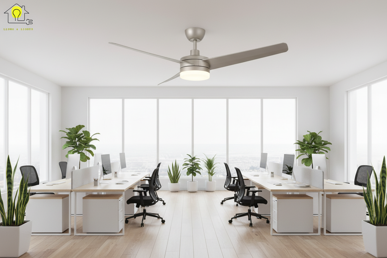 Ventilador gris en oficina con logo superior izquierda